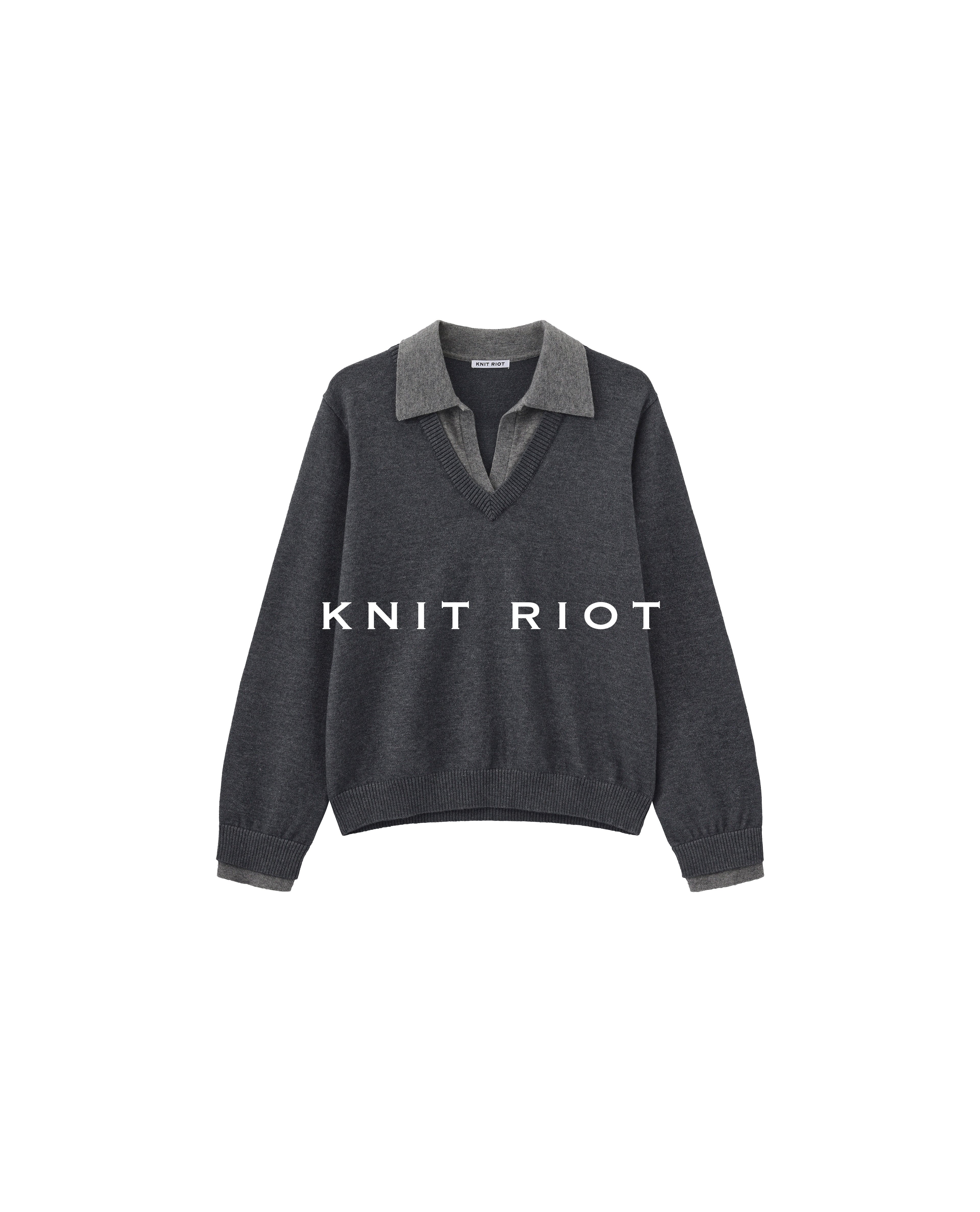 KNITRIOT Fake Two-piece Lapel Long-sleeved Knitted Sweater