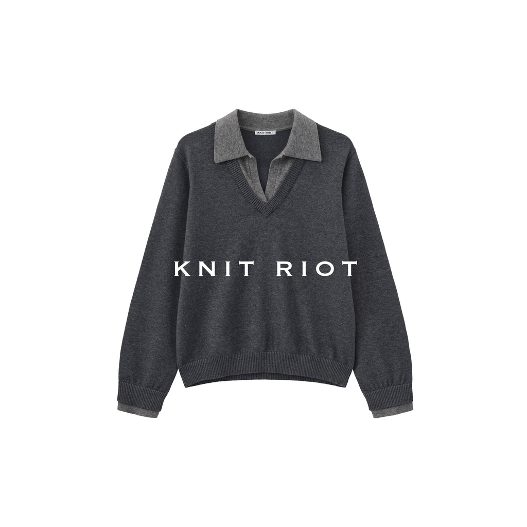 KNITRIOT Fake Two-piece Lapel Long-sleeved Knitted Sweater