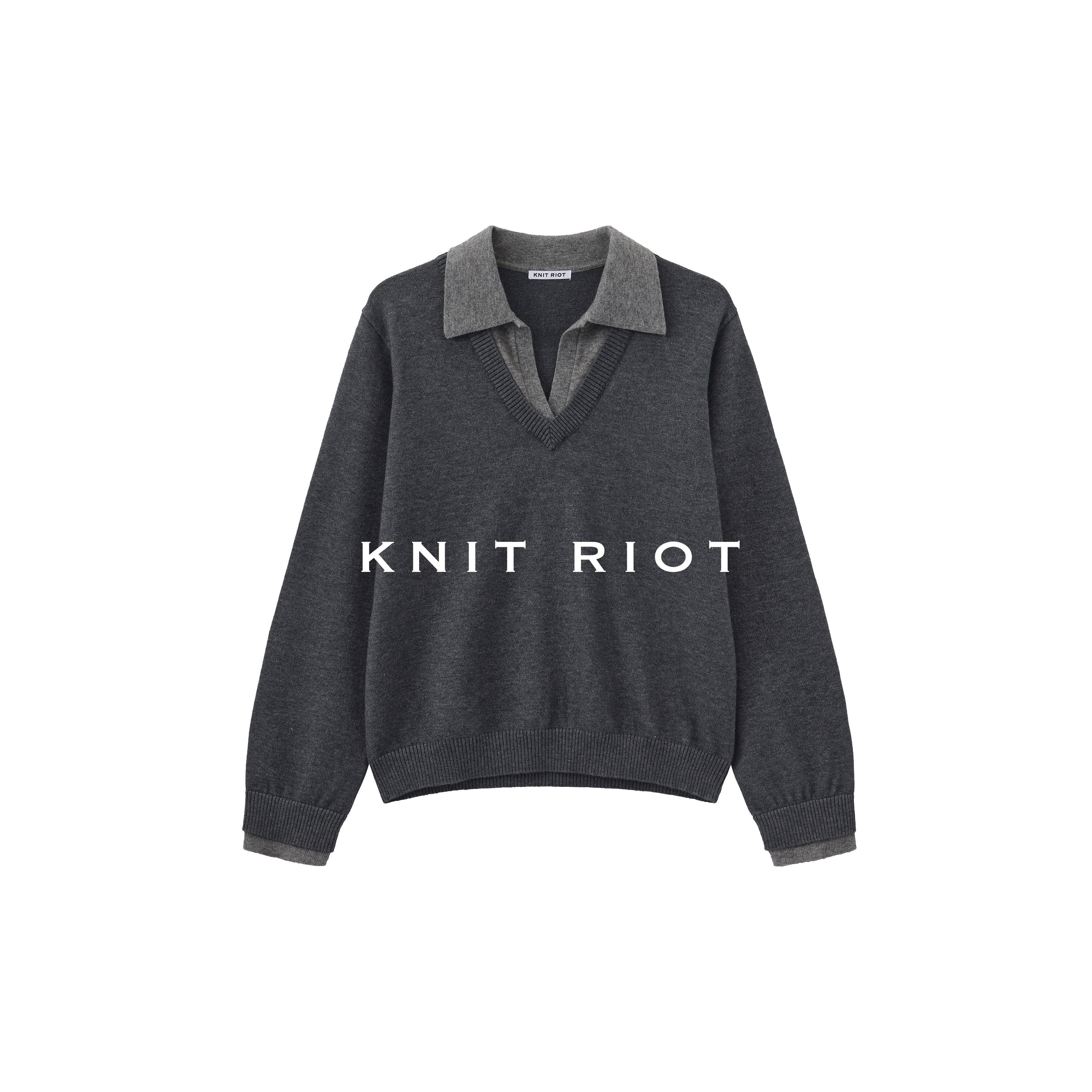 KNITRIOT Fake Two-piece Lapel Long-sleeved Knitted Sweater