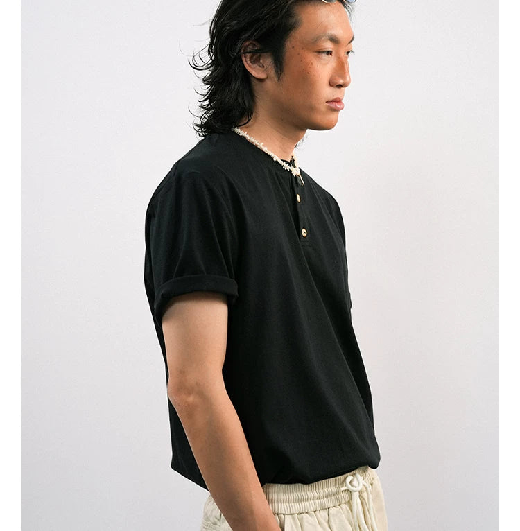 O3PARK Vintage Loose Henry Collar Knitted Tee