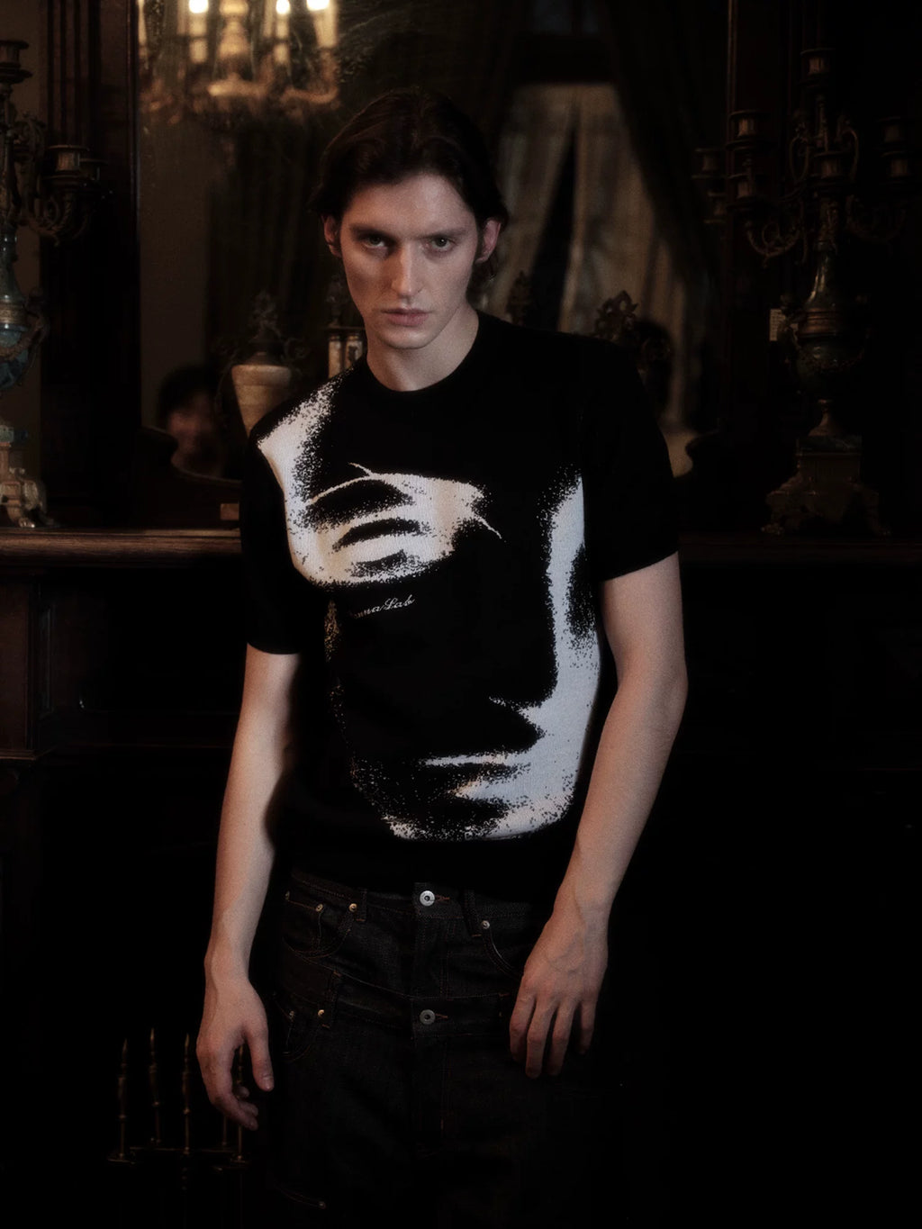 WANNA LAB Face Jacquard Front Shoulder Waist Knitted Tee