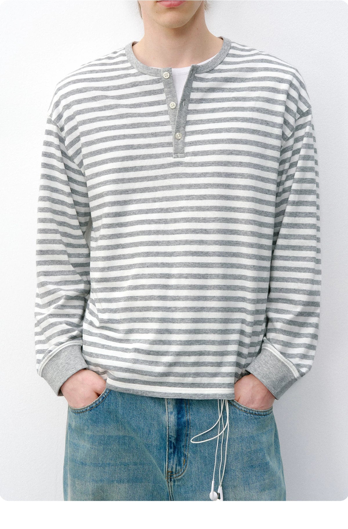 714Street Linen Blended Henry Neck  Striped Long SleeveT-Shirt