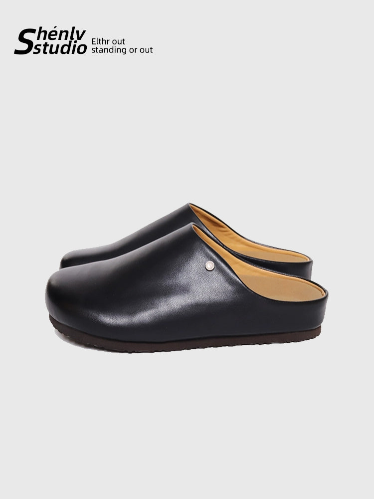 SHENLV STUDIO Black Simple Thick-bottomed Half-mop Outer Leather Slippers