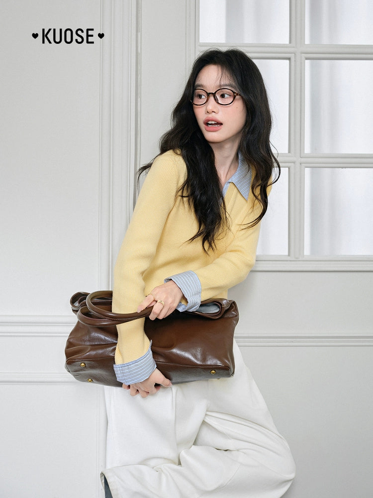 Kuose Striped Fake Two Polo Collar Slim Knit