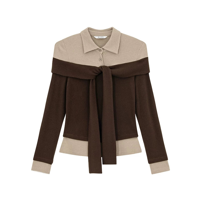 Kano Fake Two-piece Splicing Streamer Collar Knitted Long Sleeve