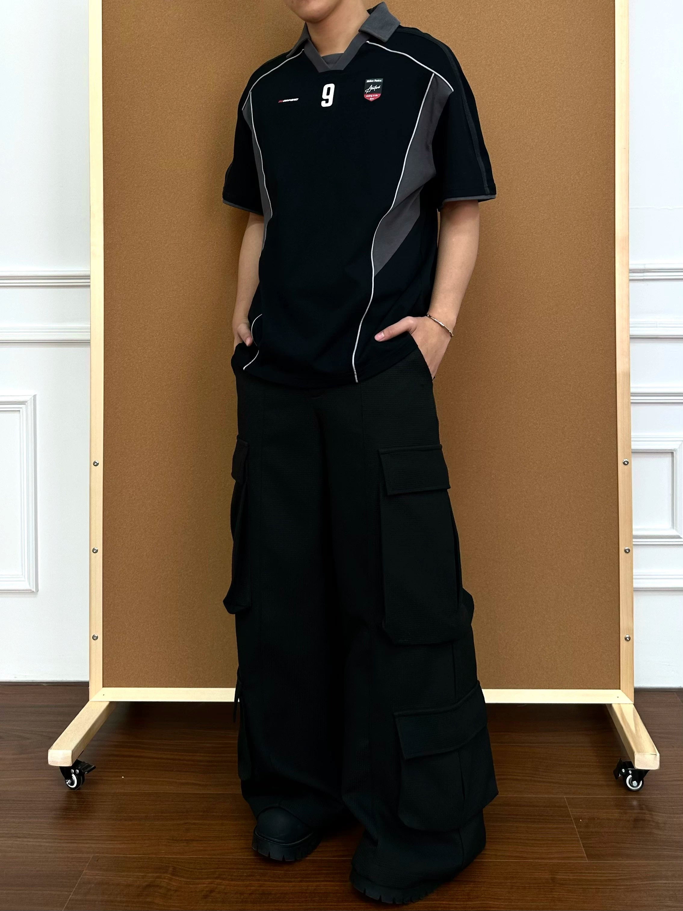 (Clearance) BeOurRule Splicing Letter Print Loose Polo Collar Tee