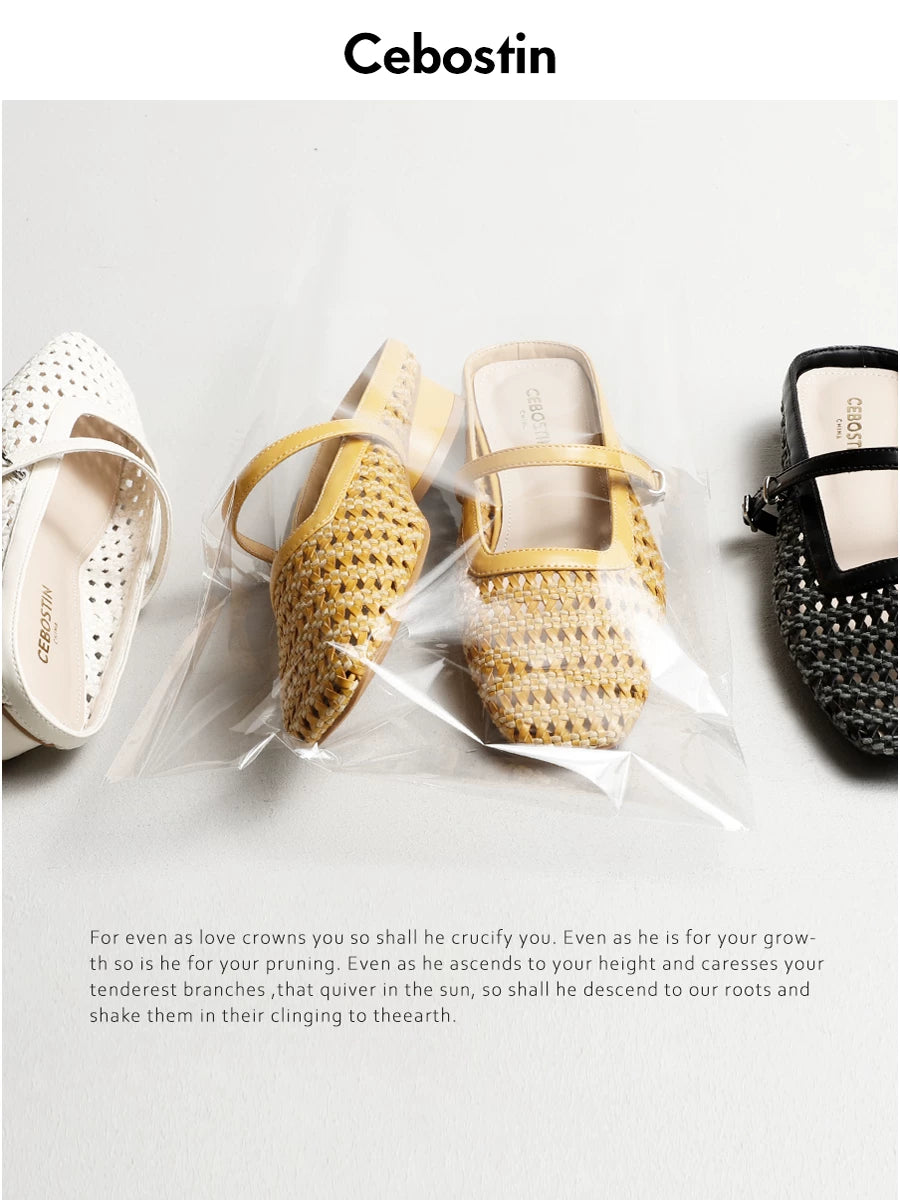 Cebostin Square Head Woven Hollow Thick Heel Sandals
