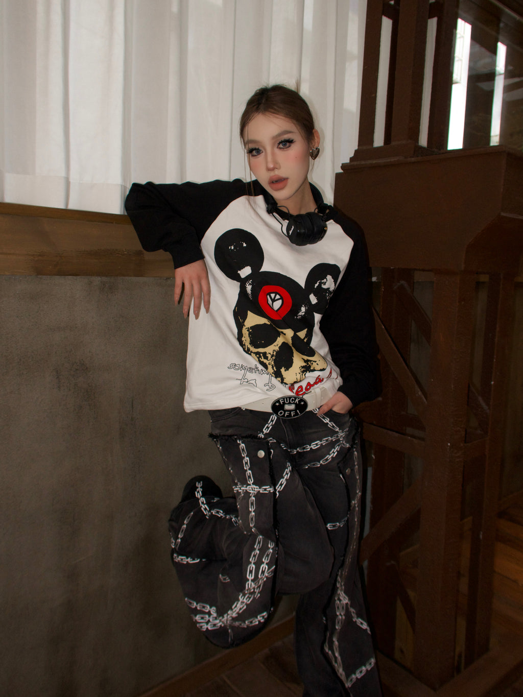 Human Voices Heavy Skull Print Black and White Shoulder Long Sleeve Tee