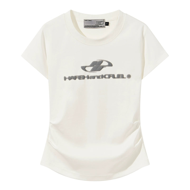 HACR Elastic Knitted Logo Front Shoulder Waist Tee