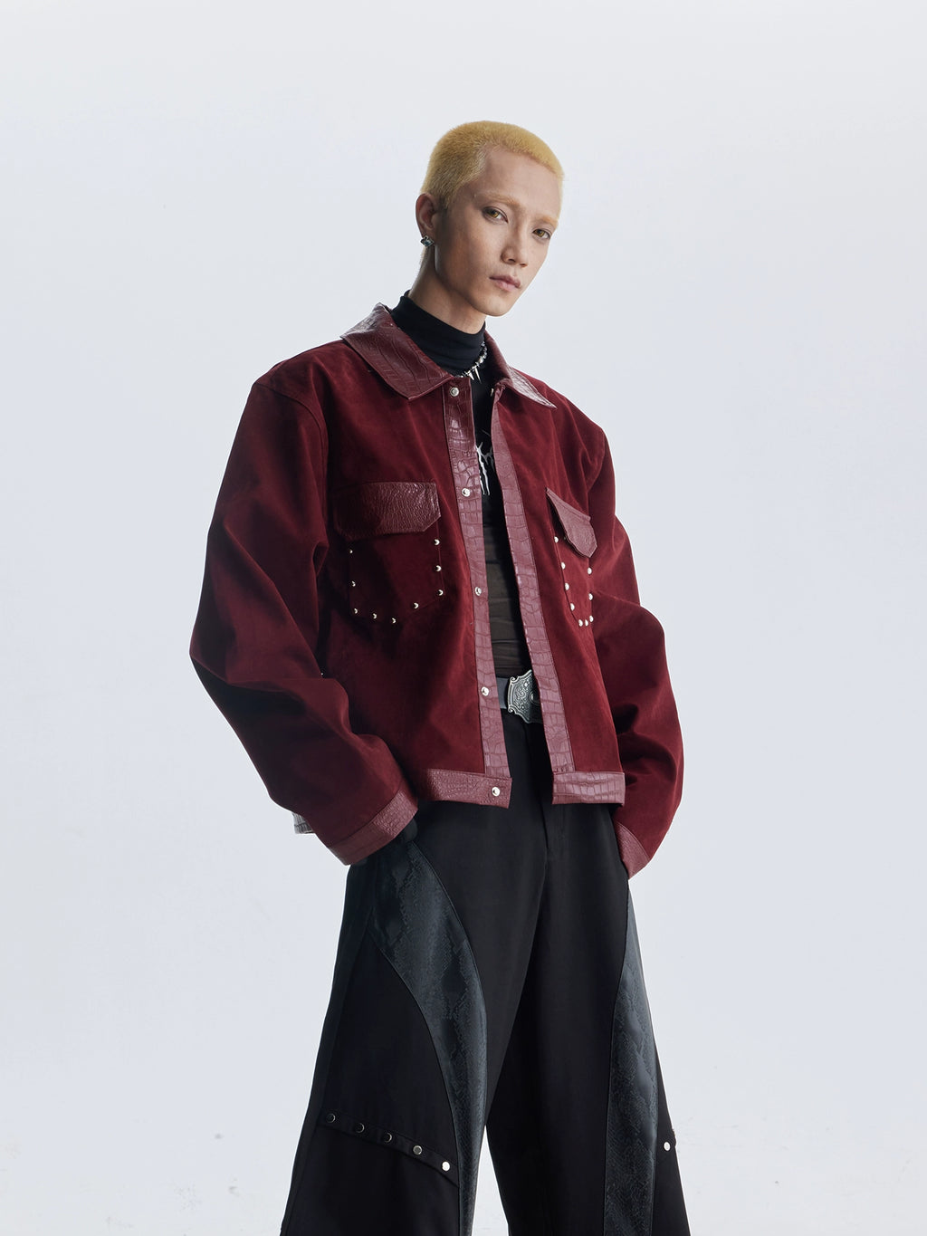 NOMANIAI Splicing Rivets Embellish Flocked Jacket Button Coat