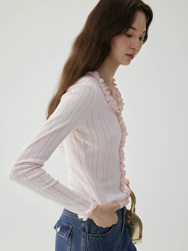 VOOE Fungus Lace U-Neck Sweet Long Sleeves