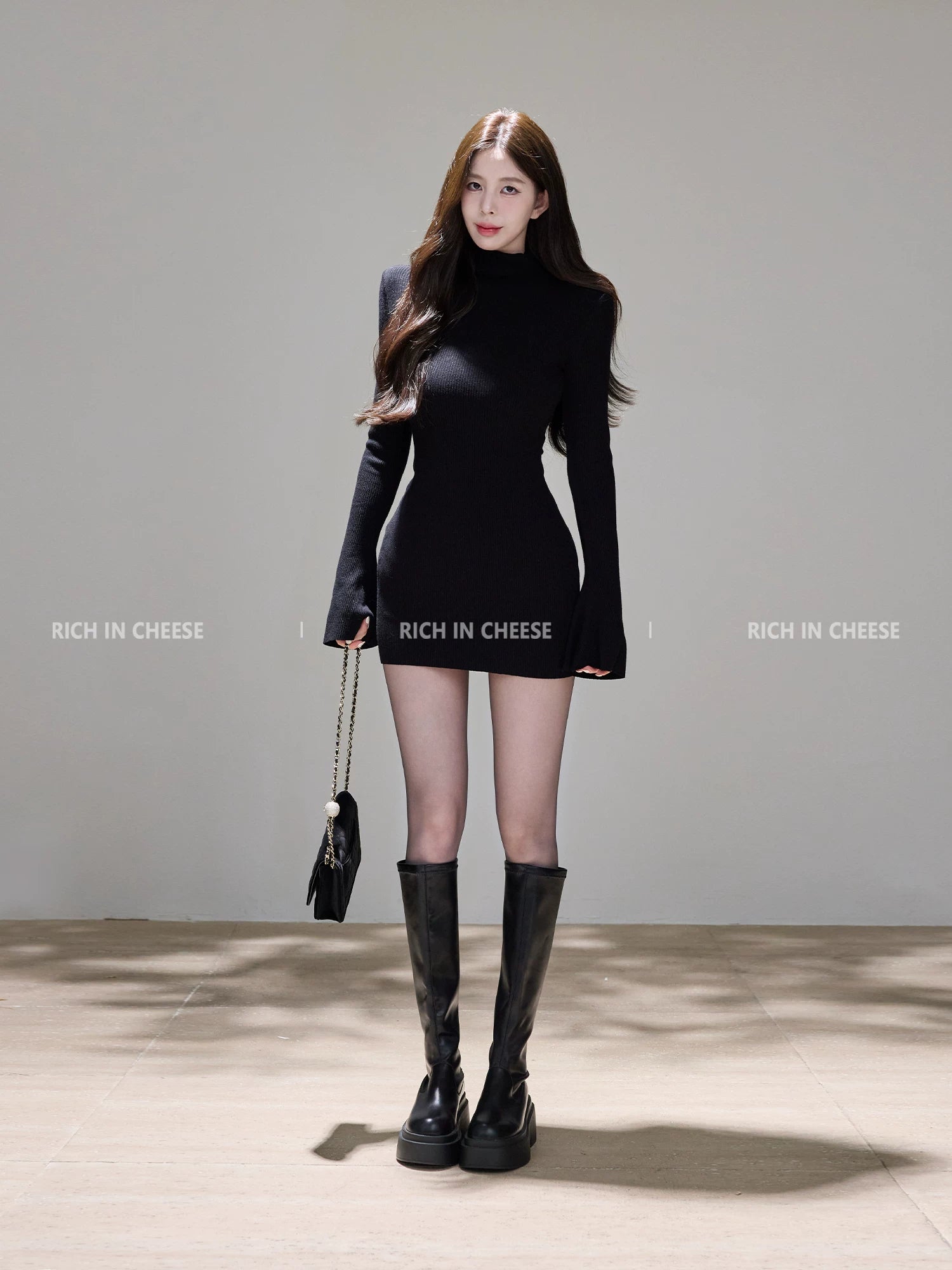 RICH IN CHEESE Waist Slim Knitted Long-sleeved Dress