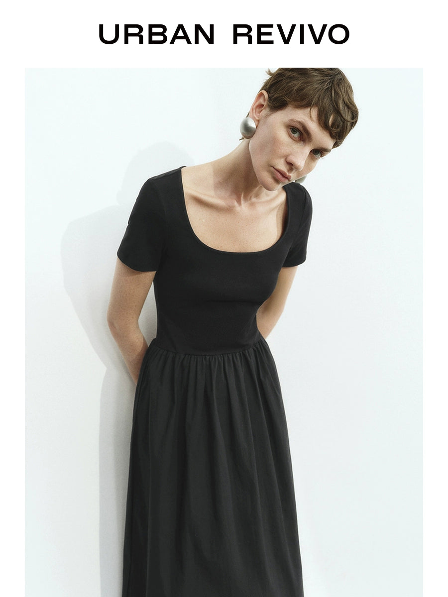 URBAN REVIVO Simple Stitching Slim-fitting Short-sleeved Dress