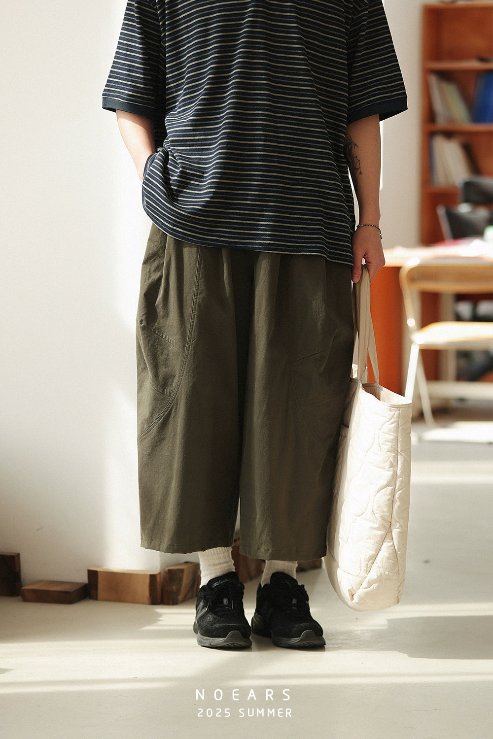 NOEARS Japanese Retro Loose-fitting Wide-leg Cropped Pants
