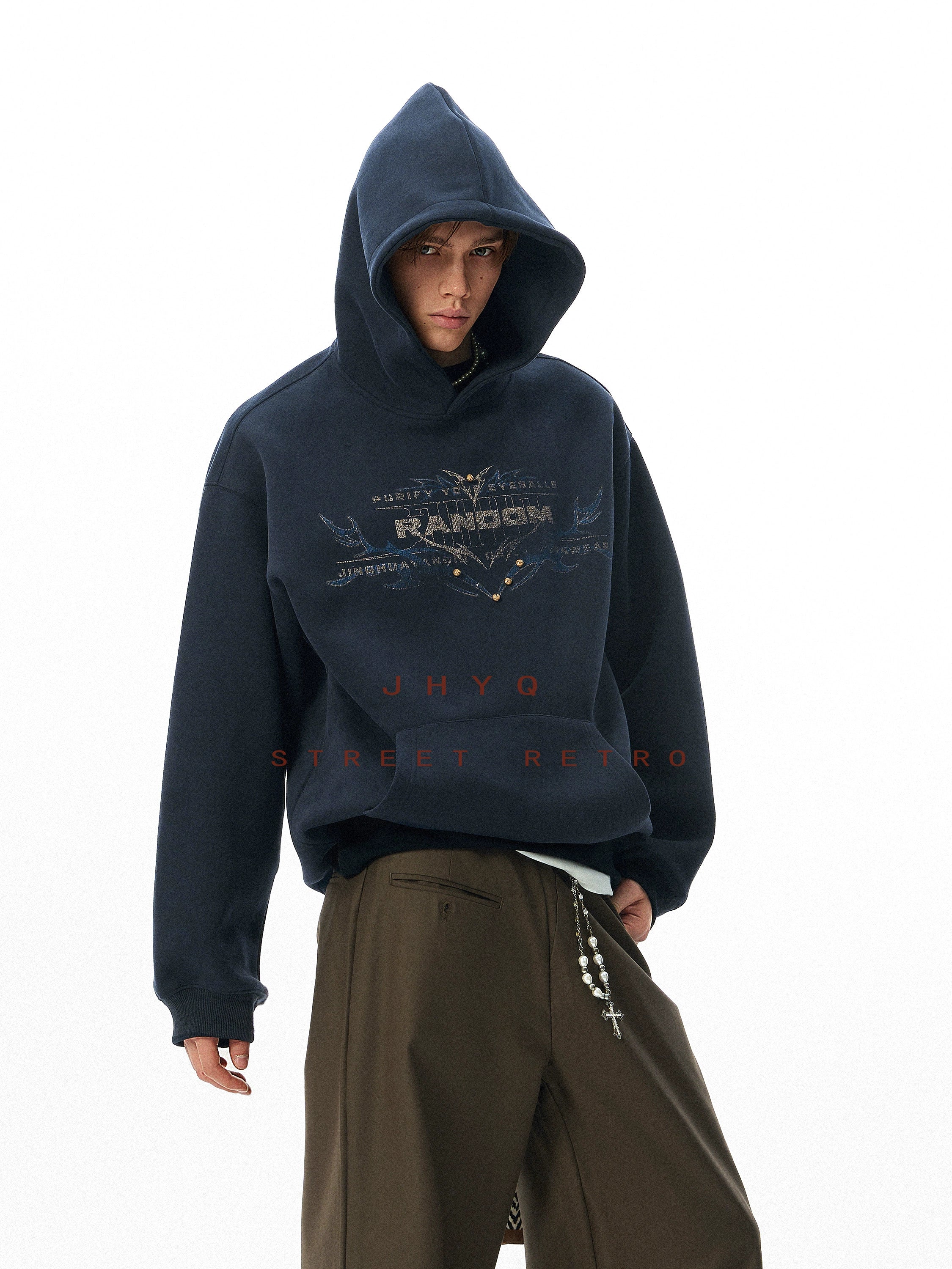 JHYQ Retro Rivet Letter Print Hooded Sweater