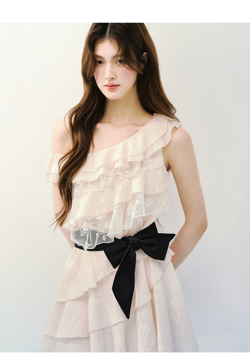 SunsetPark Fake Two-piece Slanted Shoulder Lace Ruffle Dress