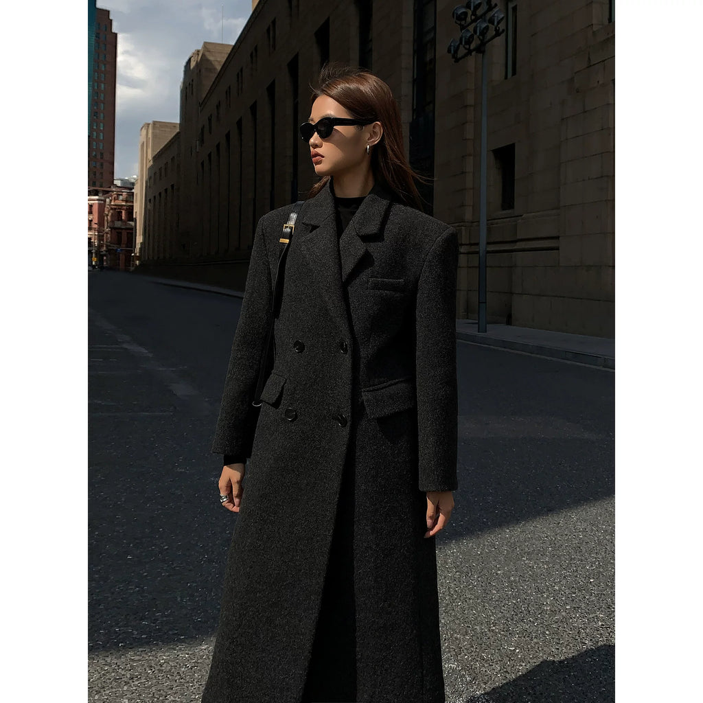 OUSPH Double-breasted Wool Woolen Coat