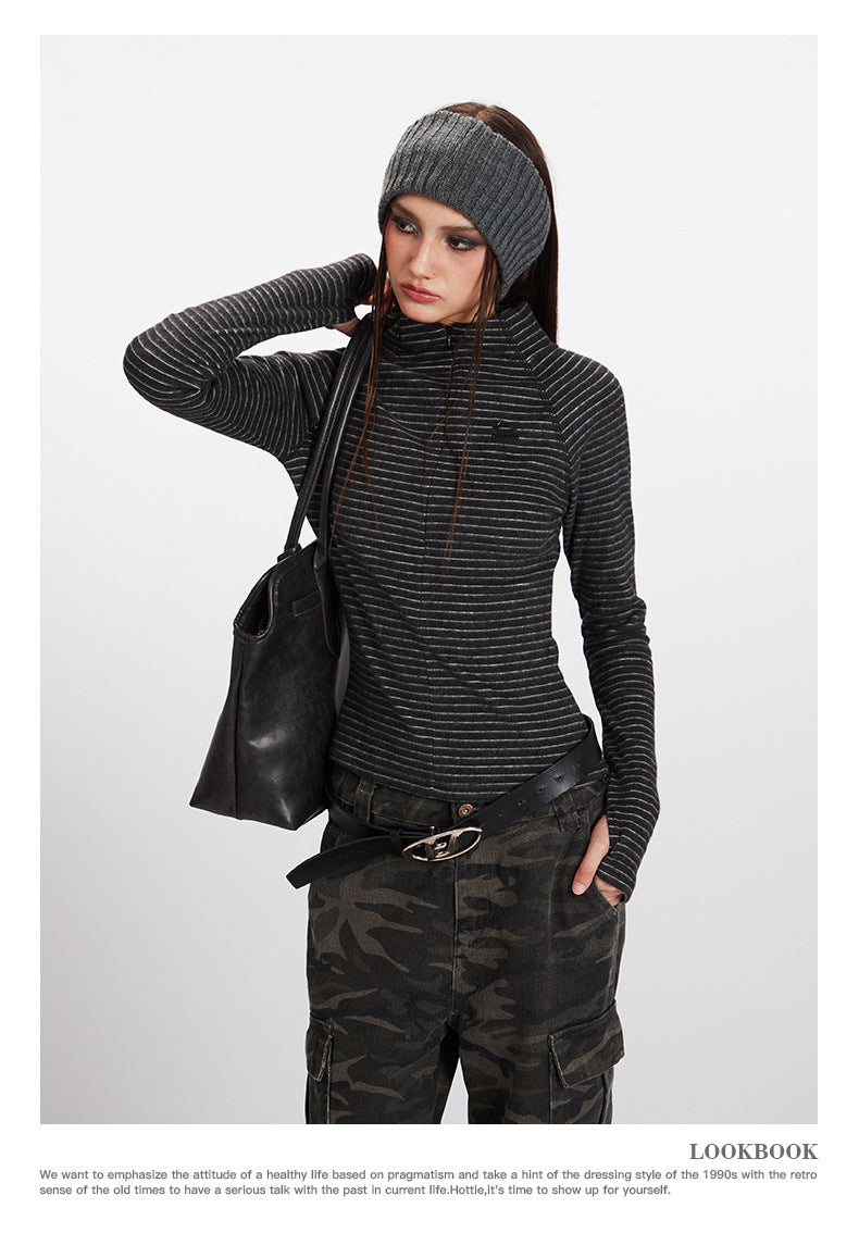 Nariele Stand Neck Slim Fit Striped Sports Long Sleeve