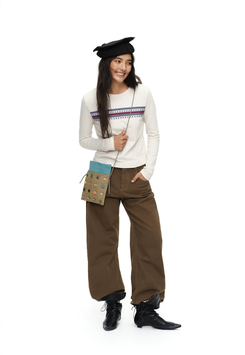 Oinimi Fun Button Contrast Striped Shoulder Bag