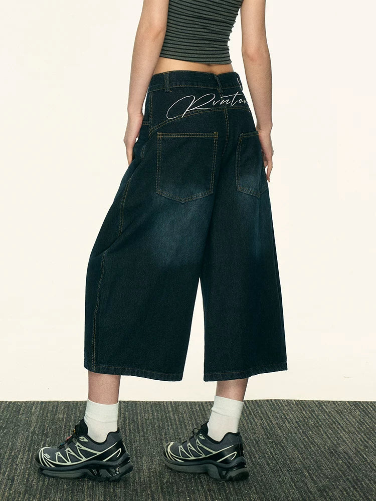 Aaisup Back Letter Versatile Wide-leg Cropped Jeans