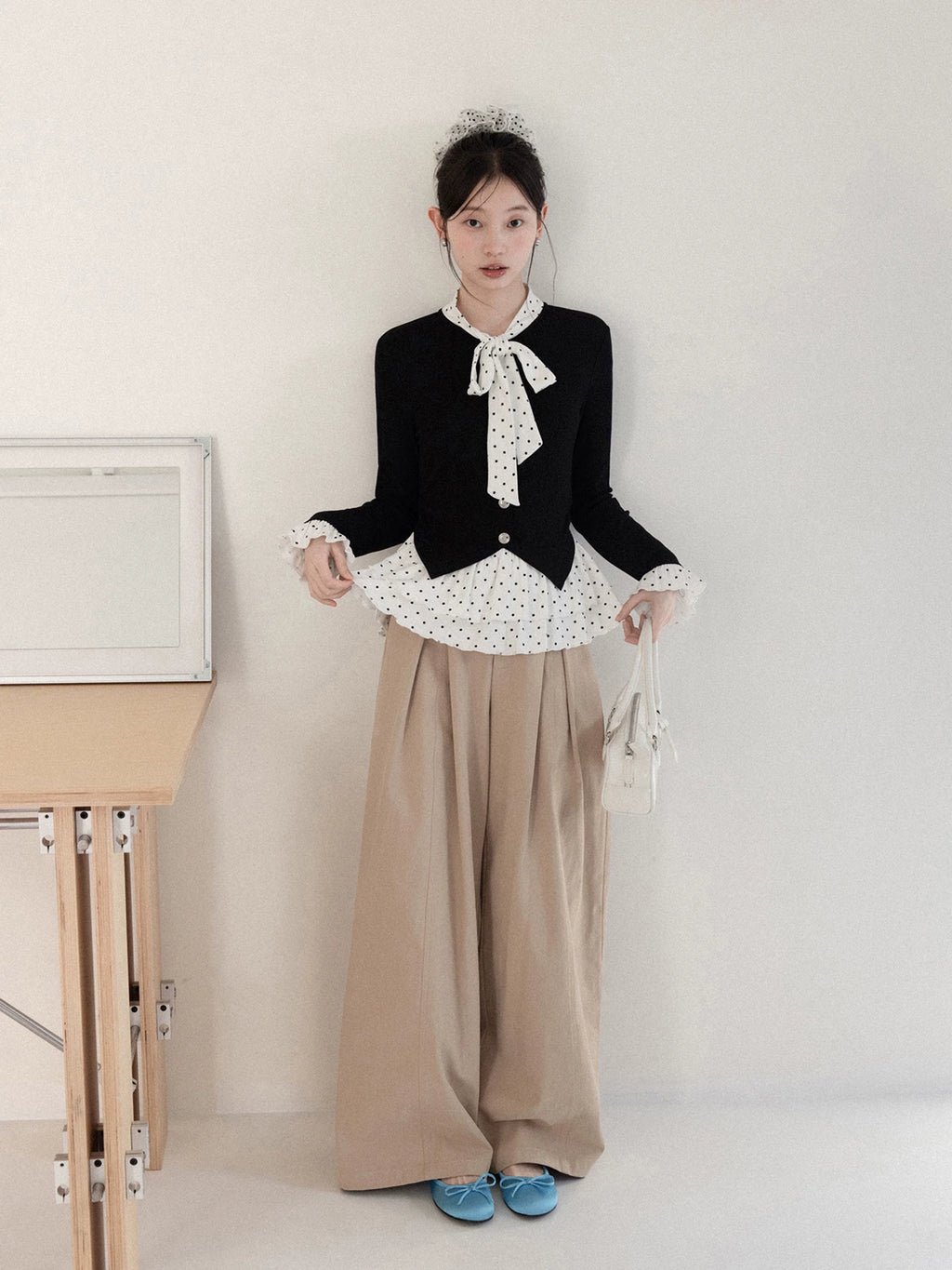 Cantonstory Polka Dot Fake Two Long Sleeves