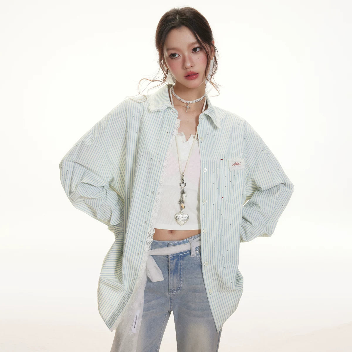 IMONE Hot Diamond Lace Striped Shirt