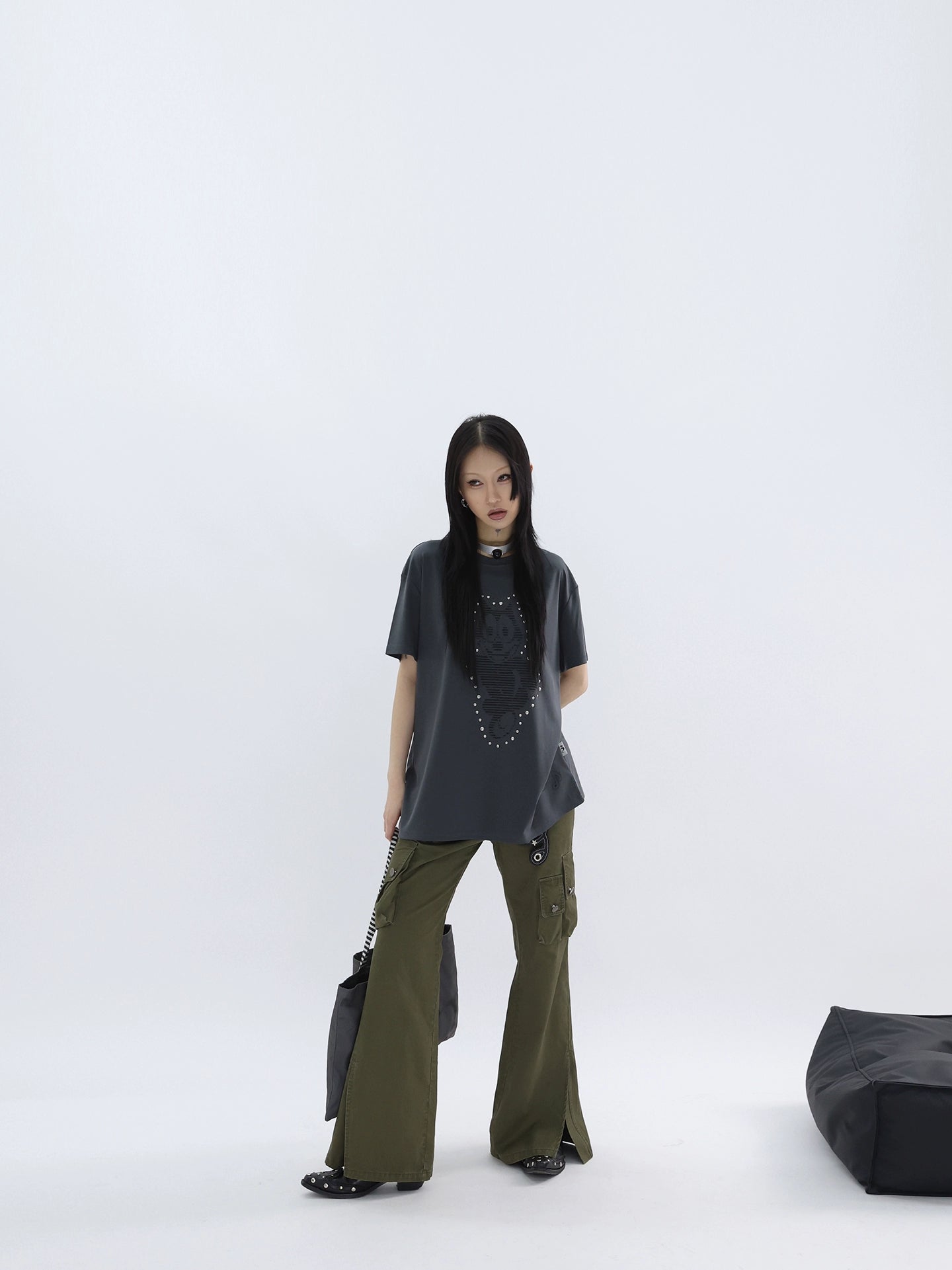 FUZZYKON Retro Portrait Print Tooling Flared Pants