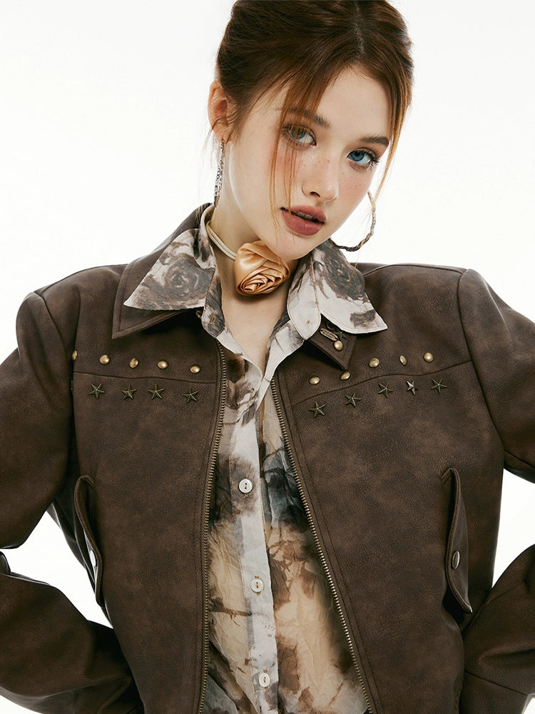 IMONE Vintage Rivet Short Leather Jacket