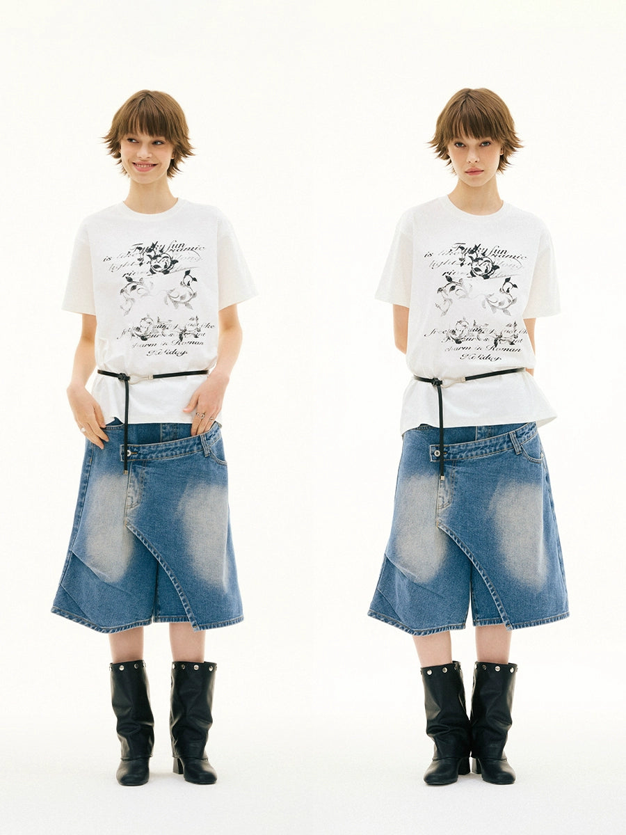 FUNKYFUN Old Mottled Flower Slogan Printed Tee