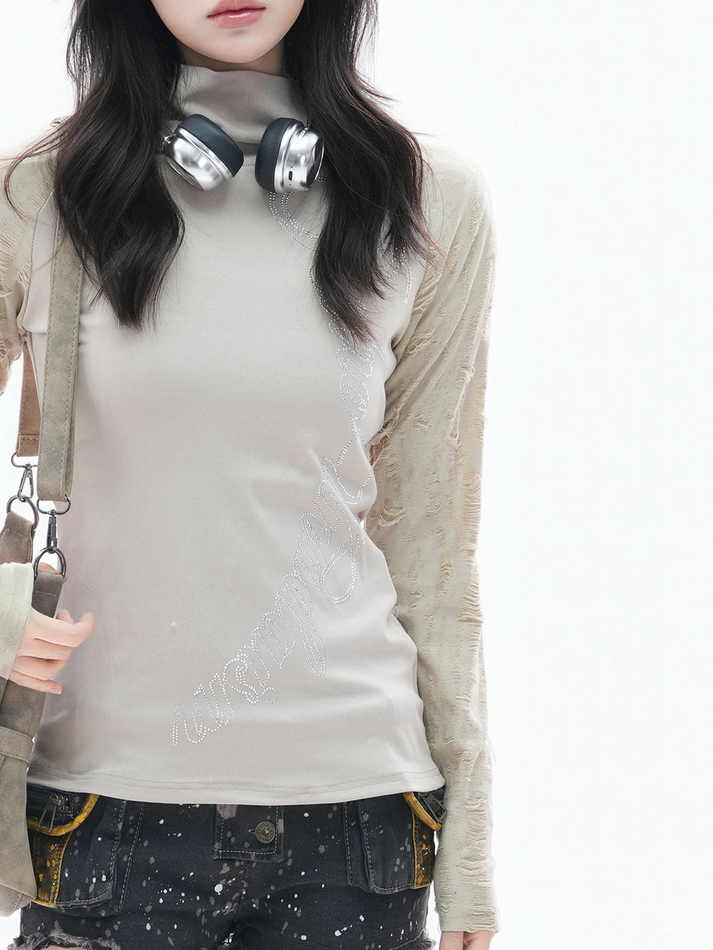 Zuocisankon High Neck Slim Fit Hot Diamond Long Sleeves