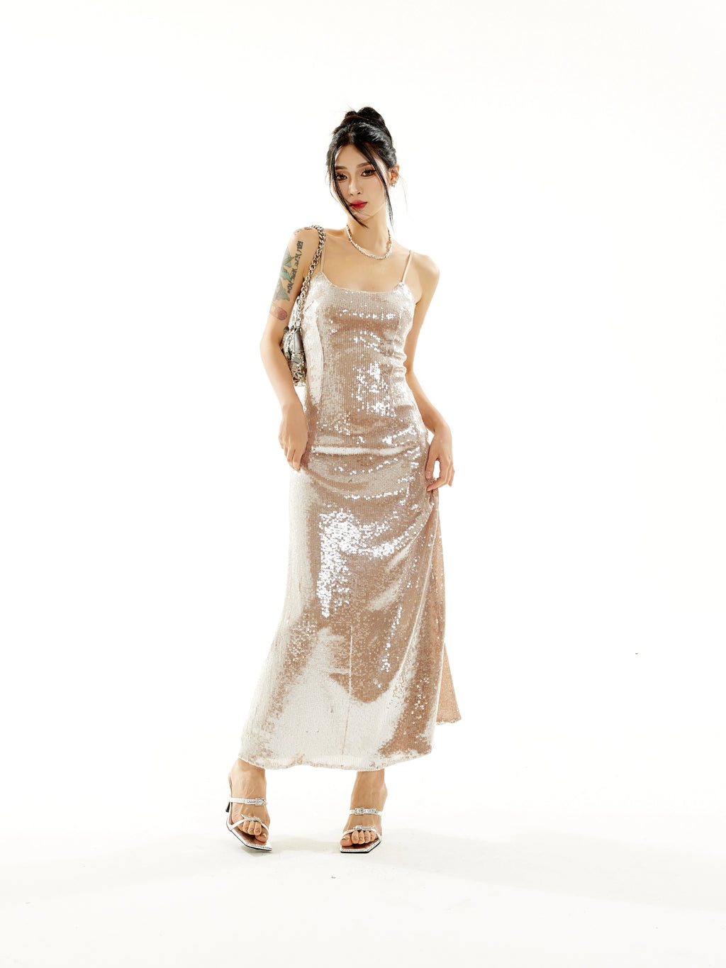 Zero Heavy Sequins Cinched Waist Slip Dress