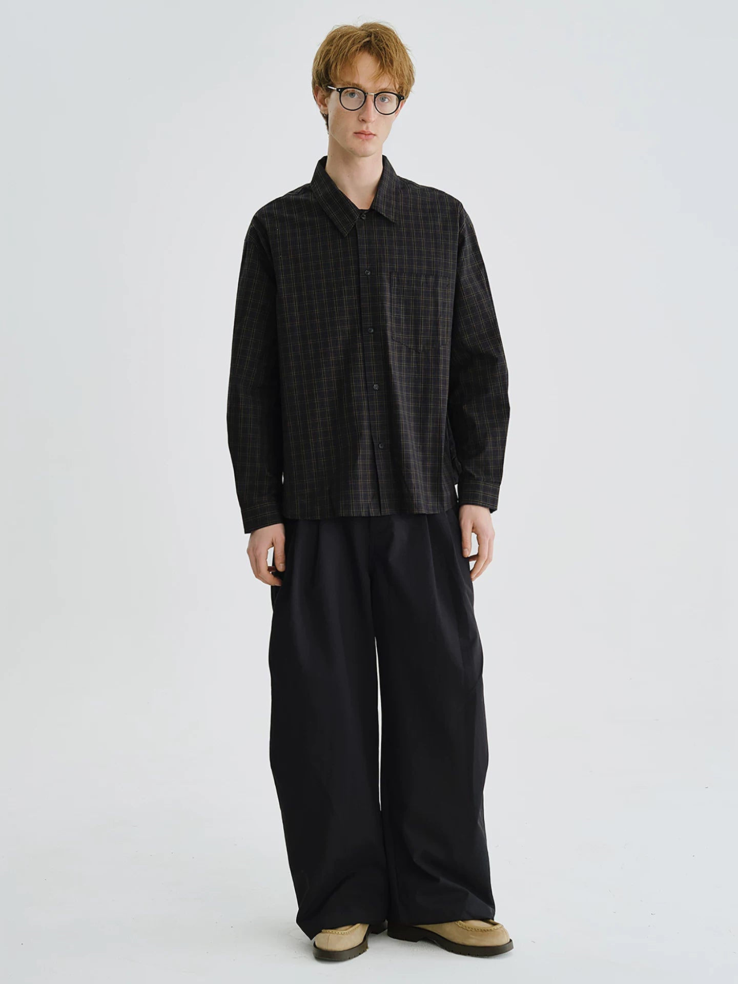 LIVINGTOWN Vintage Dark Check Loose Long-sleeved Shirt