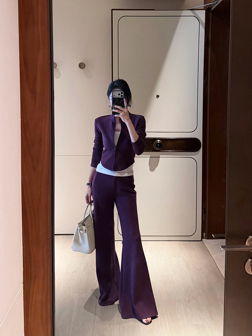 CHUYUQI Casual Short Zipper Top Flared Pants Two-piece Set