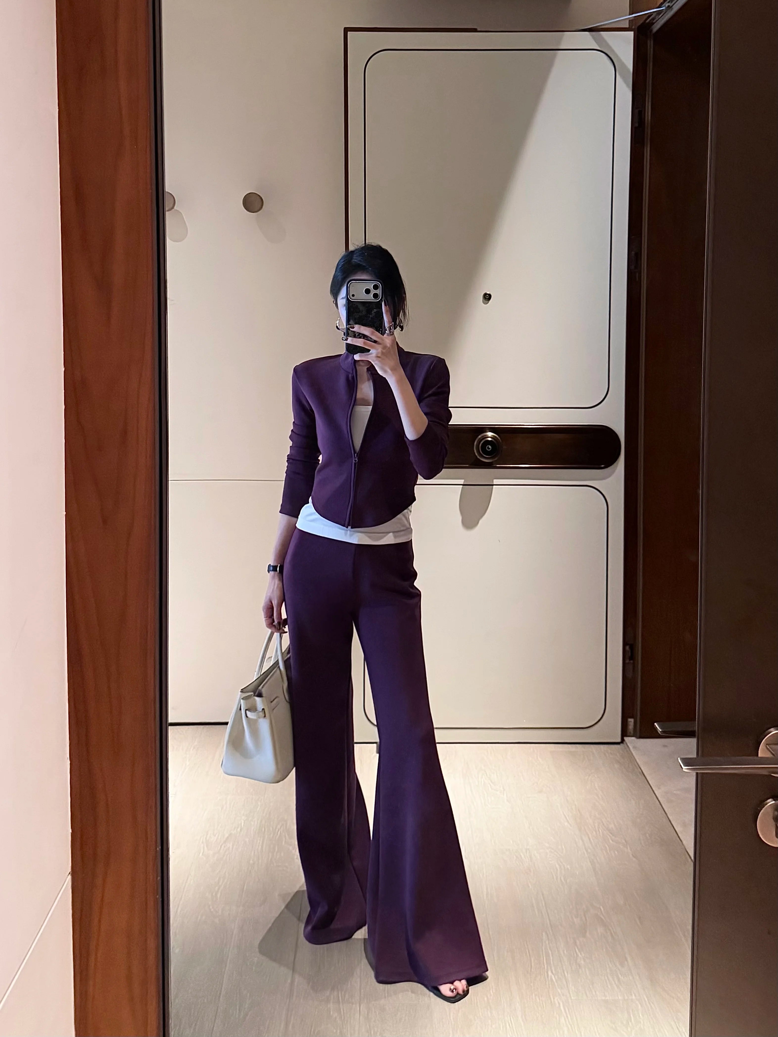 CHUYUQI Casual Short Zipper Top Flared Pants Two-piece Set