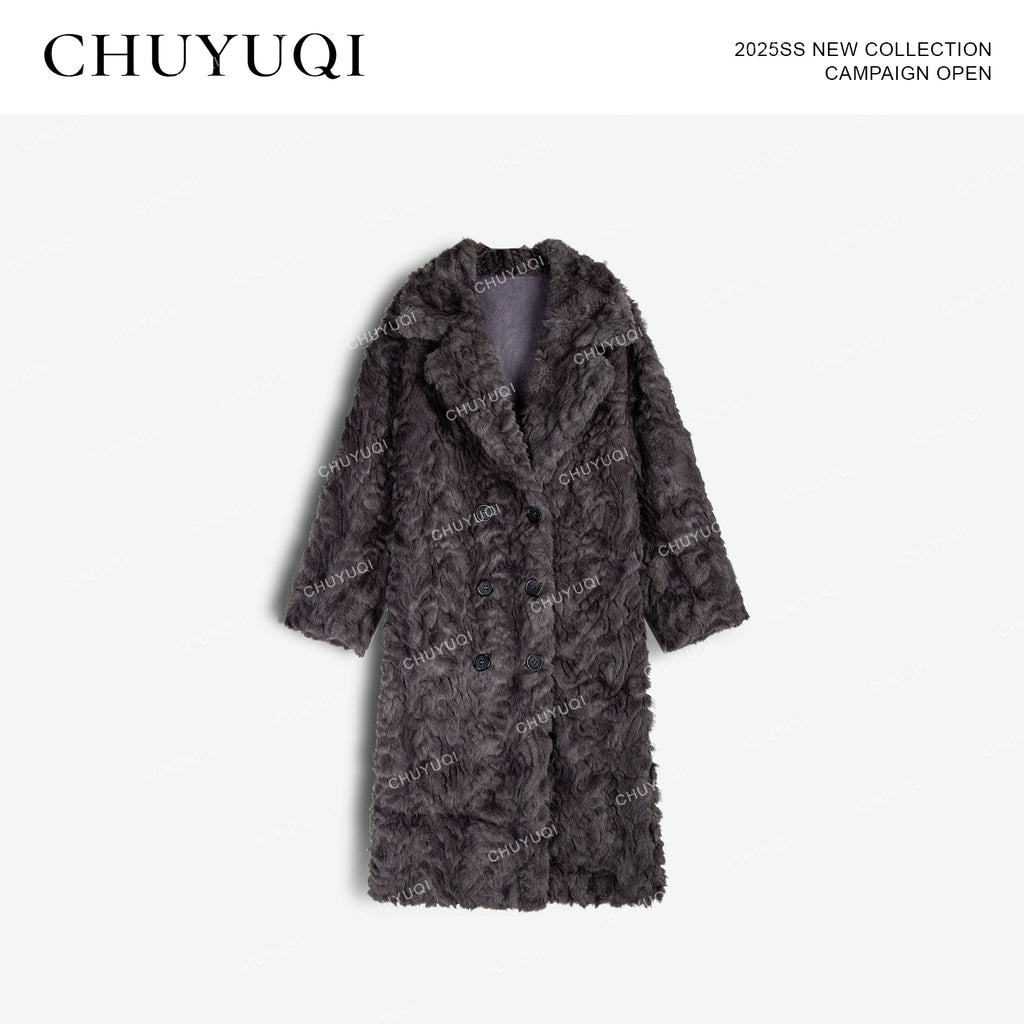 CHUYUQI Extravagant Warm Wool Coat Stand-up Collar Imitation Fur