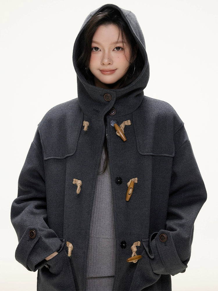 Imone Retro Horn Buckle Casual Medium and Long Woolen Jacket