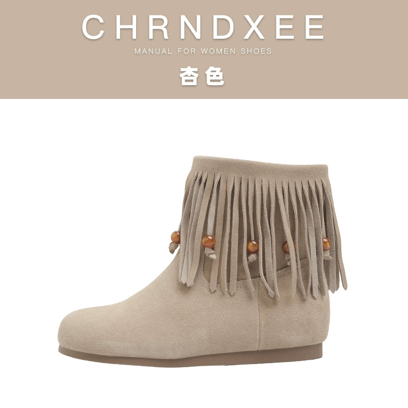 CHRNDXEE Frosted Suede Side Zipper Fringed Flat Boots