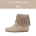 CHRNDXEE Frosted Suede Side Zipper Fringed Flat Boots