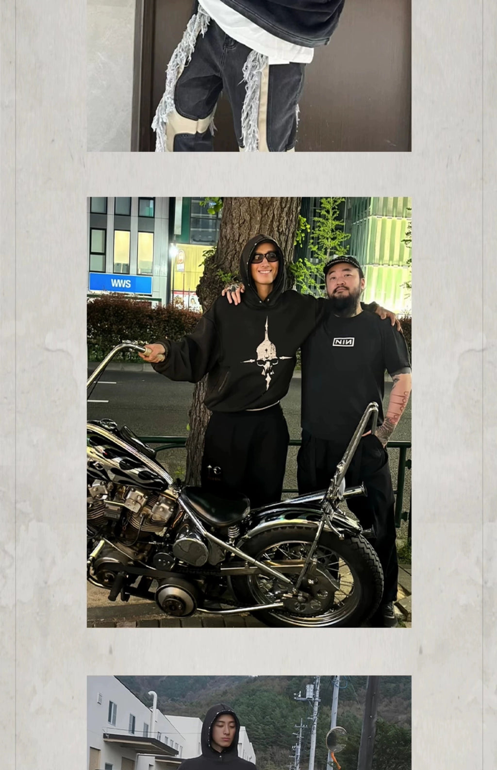 KONOOT Skull Print Washed Rivet Hooded Sweater