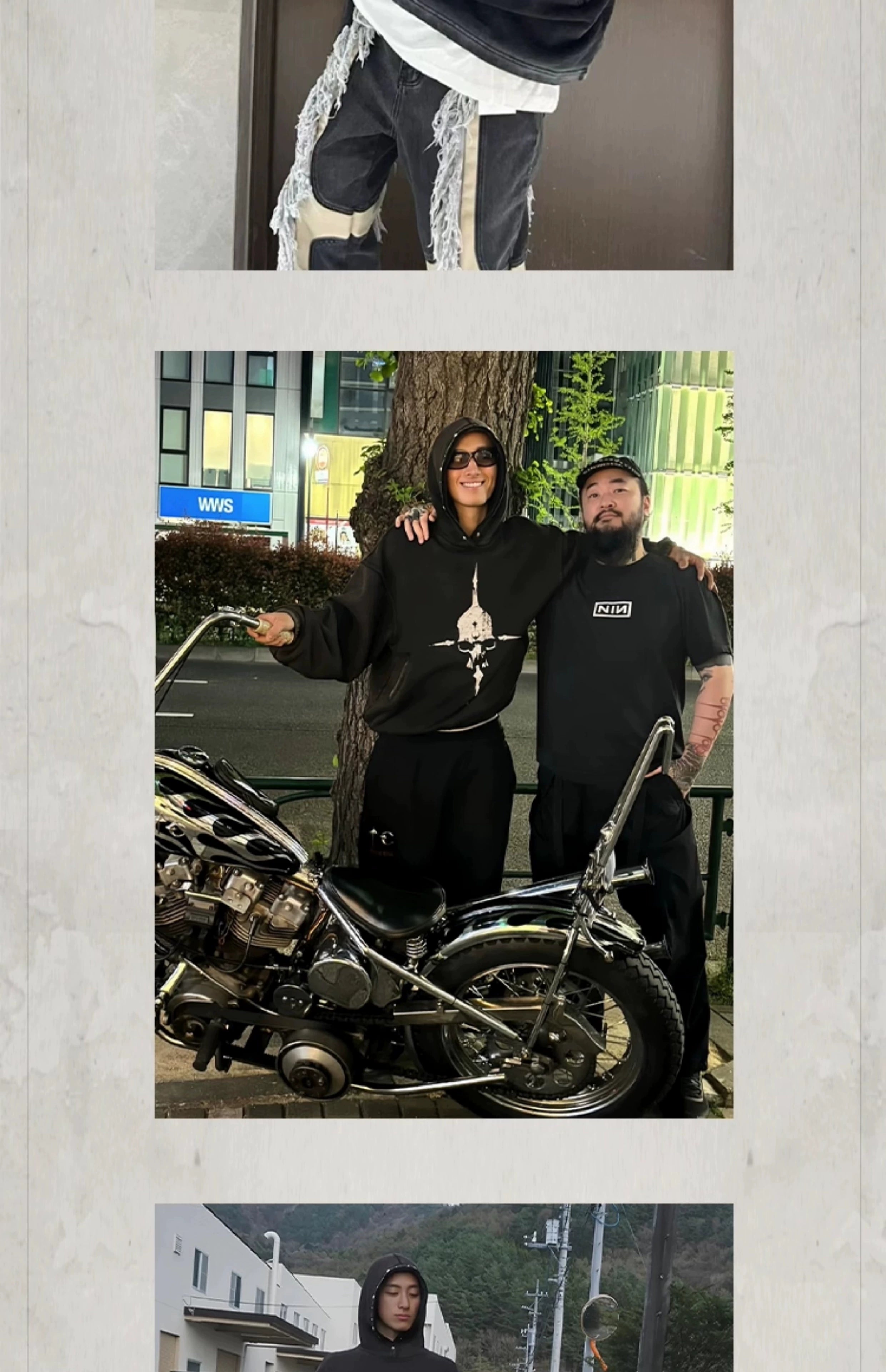 KONOOT Skull Print Washed Rivet Hooded Sweater