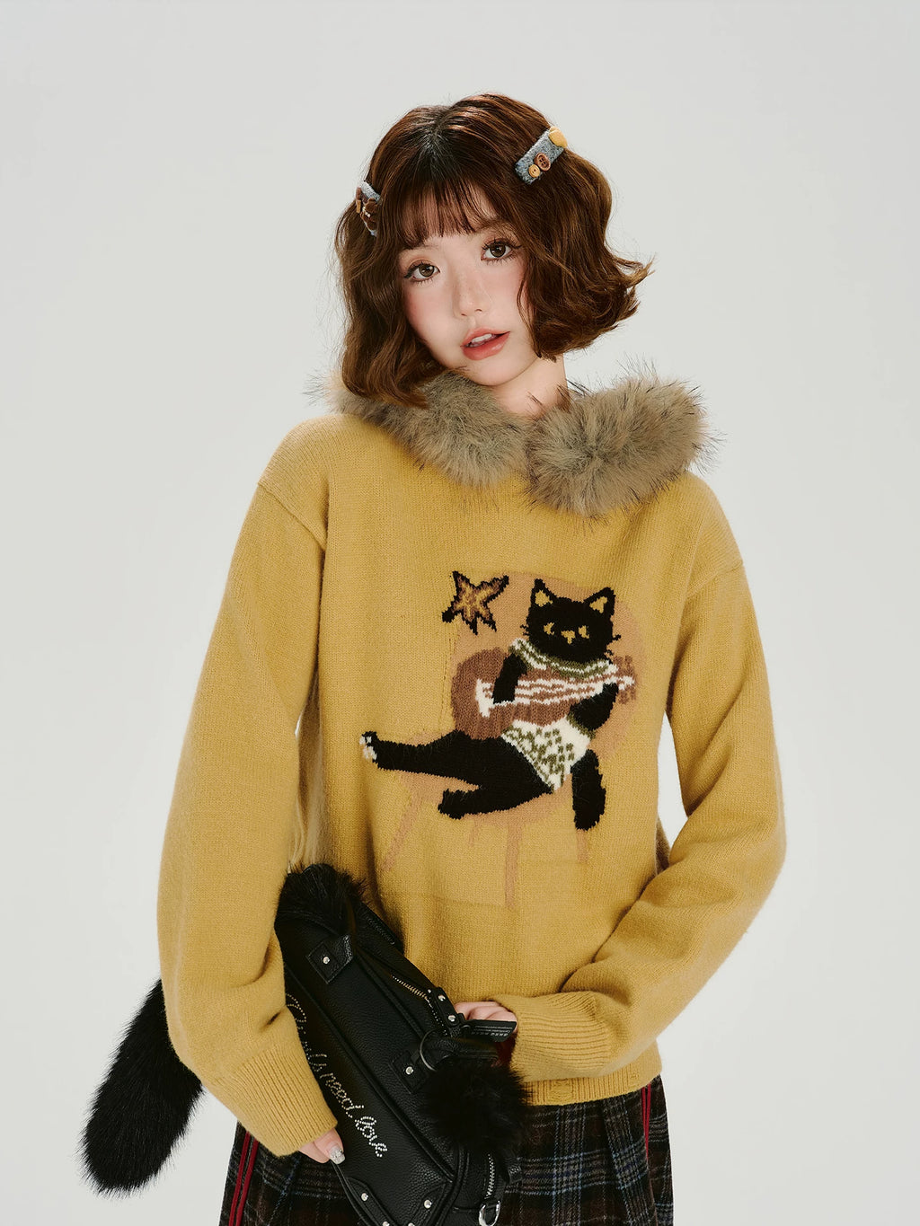Girlyhalo Vintage Jacquard Collar Hooded Knitted Sweater