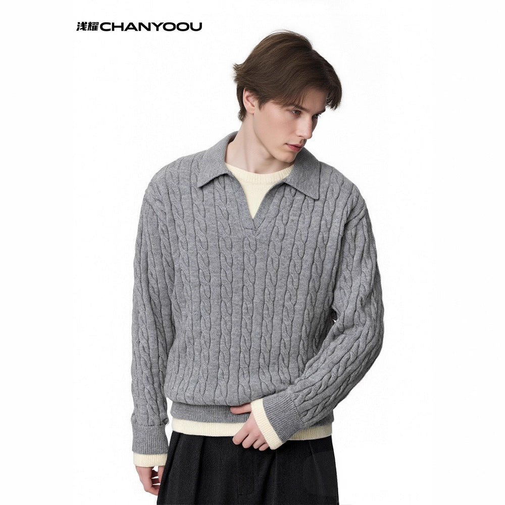 CHANYOOU Vintage Woven Twist Pattern Lapel Knitted Sweater