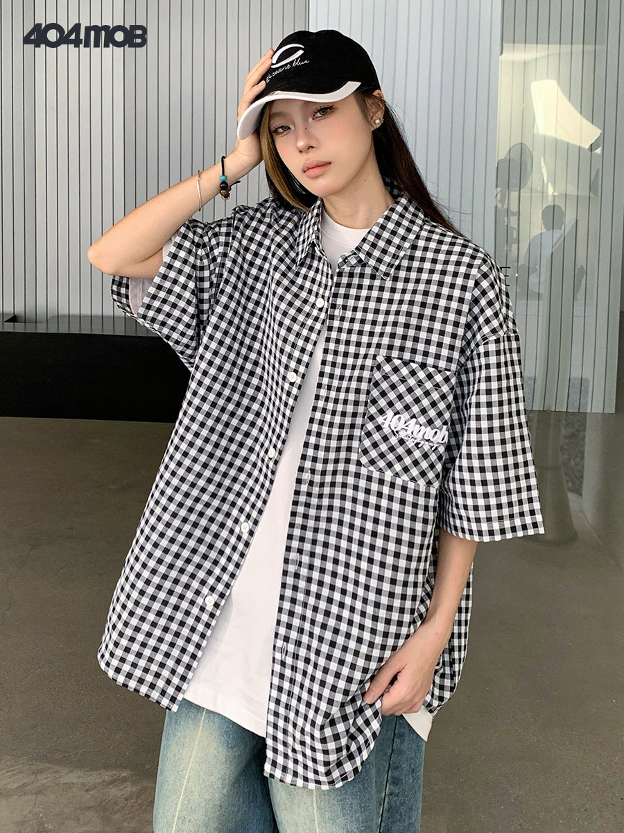 404MOB Lazy College Style Embroidered Short Sleeve Shirt