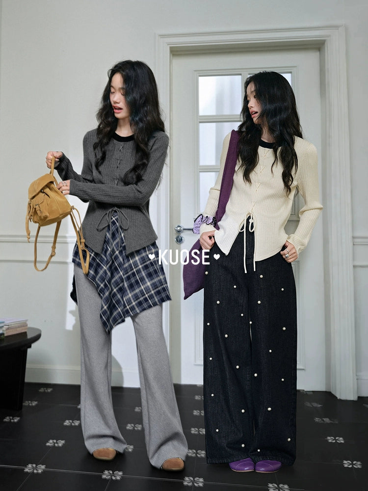 Kuose Contrasting Straps Knitted Slim-fit Sweater