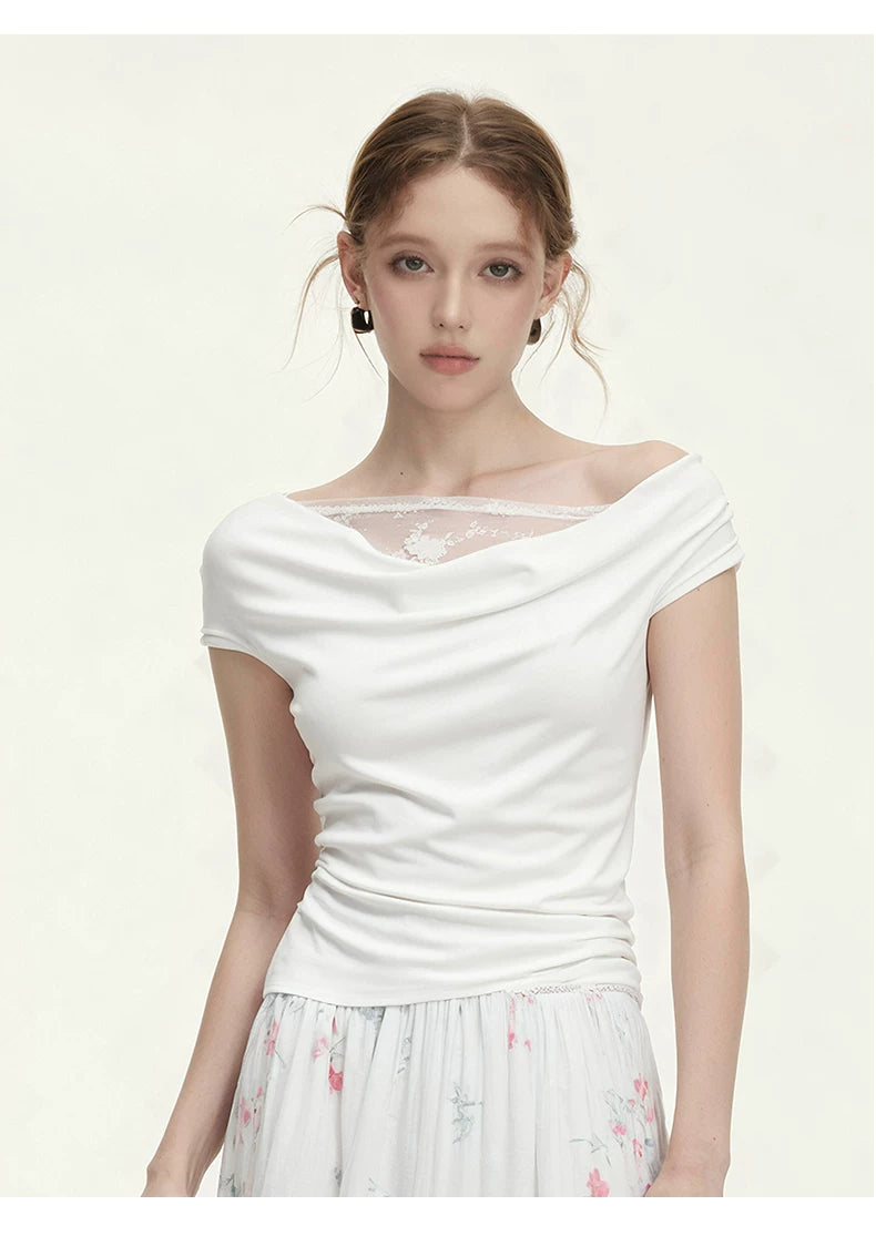SUREENOUGH Lace Splicing Sloping Shoulder Tee