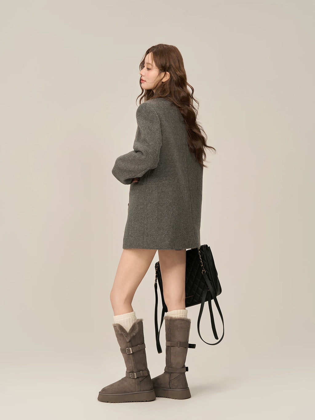 Wildberry Scarf Collar Double-breasted Medium and Long Wool Jacket