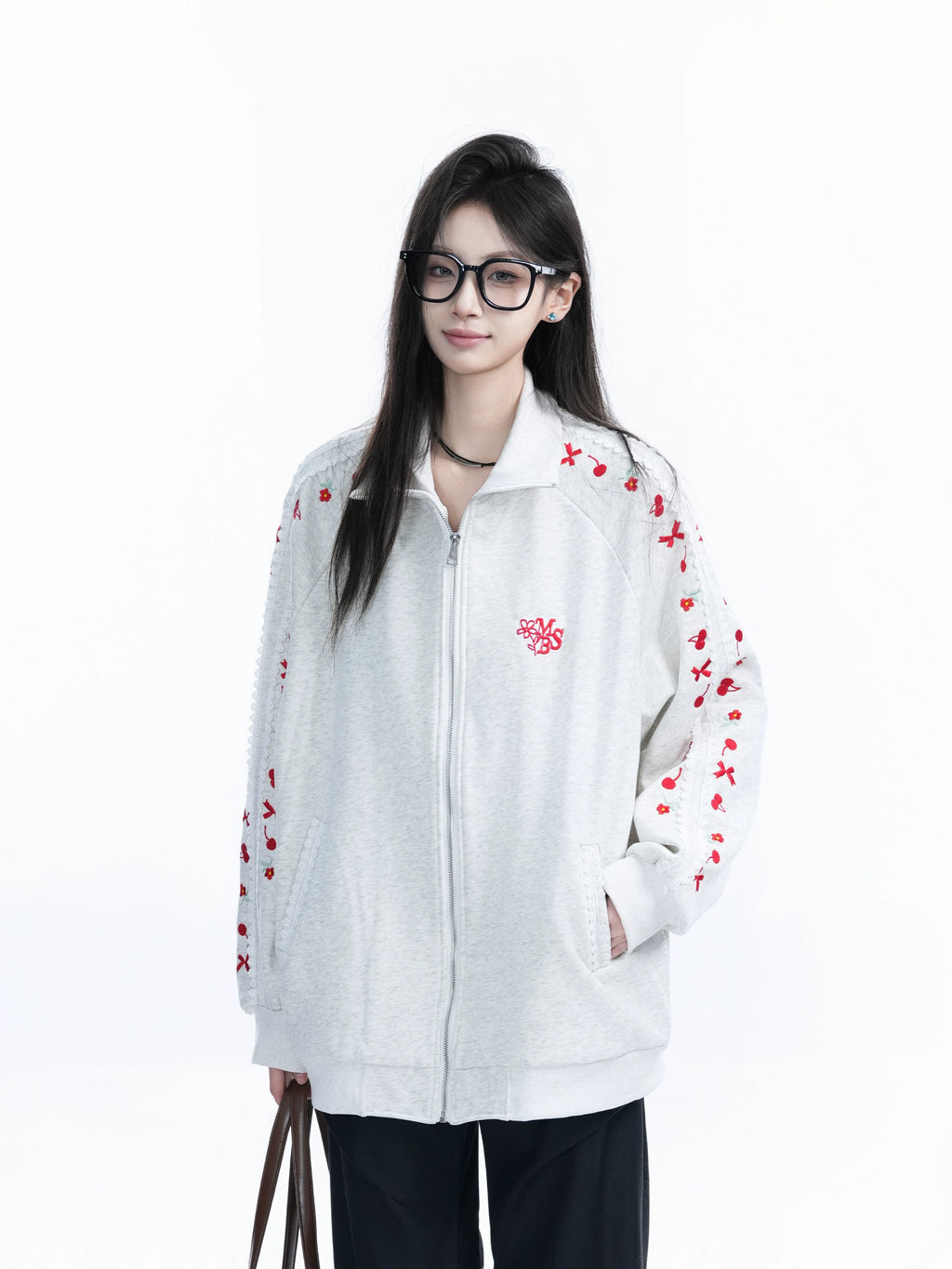 Zuocisankon Vintage Cherry Bow Embroidered Cardigan Sweater