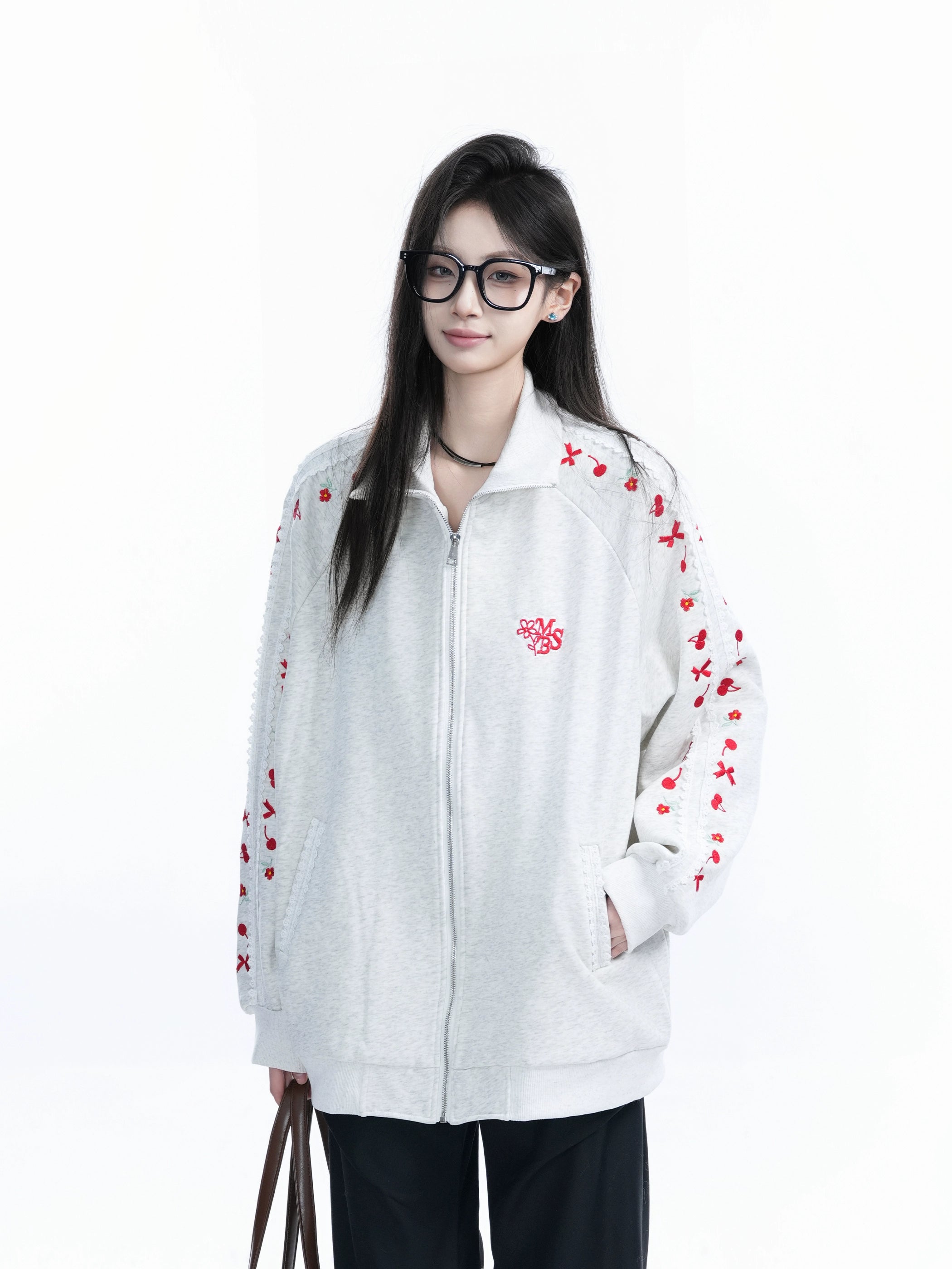 Zuocisankon Vintage Cherry Bow Embroidered Cardigan Sweater