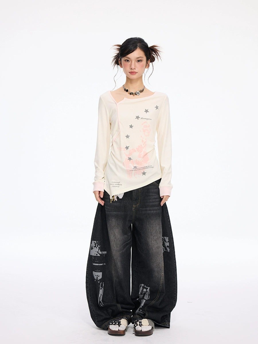 MOMSAYCAN Thin Star Inlay Elastic Printing Slim Sleeve