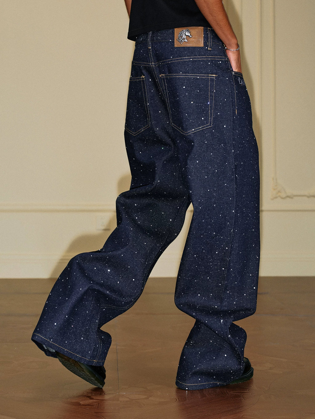 YADcrew 14oz Deep Blue Starry Glitter Wide-Leg Jeans